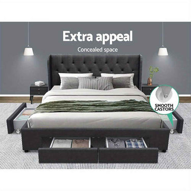 MILA Charcoal Gray Large Queen Bed Frame with Four Storage Drawers | Contemporary Wood